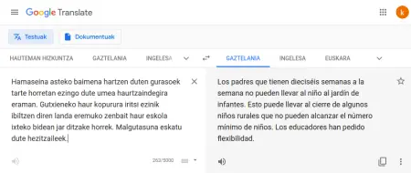 لقطة شاشة لموقع مترجم جوجل العصبي الآلي وهو يترجم خبراً من جريدة بيريا من البشكنشية إلى الإسبانية.