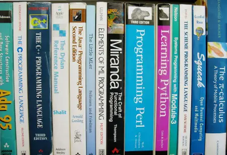 مجموعة من كتب لغات البرمجة على رفّ، مع تعديل المستويات والألوان باستخدام برنامج GIMP.